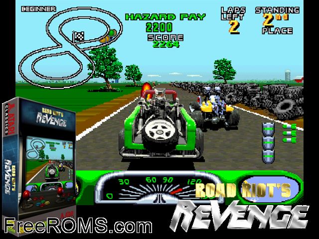 Road Riot's Revenge (prototype alt) MAME game showing 3D box cover and gameplay screenshot