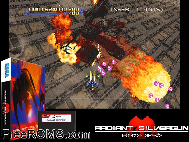 Radiant Silvergun (JUET 980523 V1.000) MAME game showing 3D box cover and gameplay screenshot