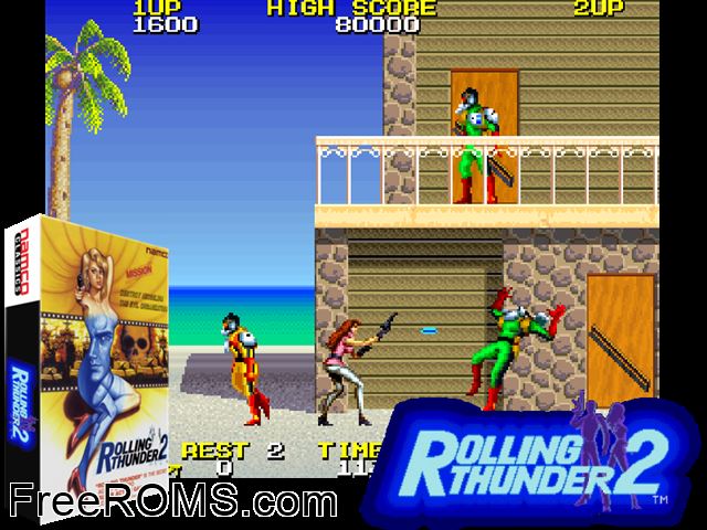 Rolling Thunder 2 MAME game showing 3D box cover and gameplay screenshot