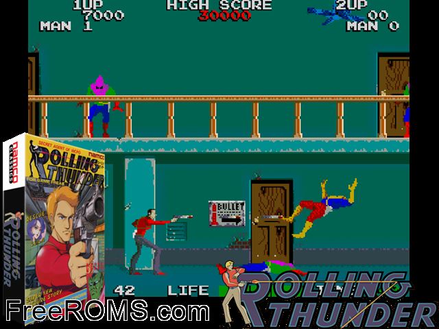 Rolling Thunder (old version) MAME game showing 3D box cover and gameplay screenshot