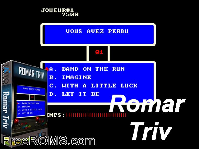 Romar Triv MAME game showing 3D box cover and gameplay screenshot