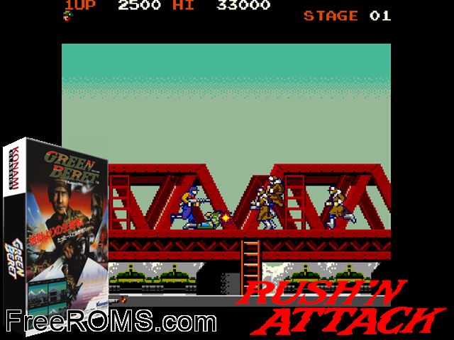 Rush'n Attack (US) MAME game showing 3D box cover and gameplay screenshot