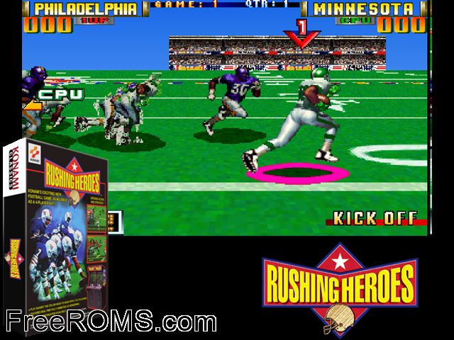 Rushing Heroes (ver UAB) MAME game showing 3D box cover and gameplay screenshot