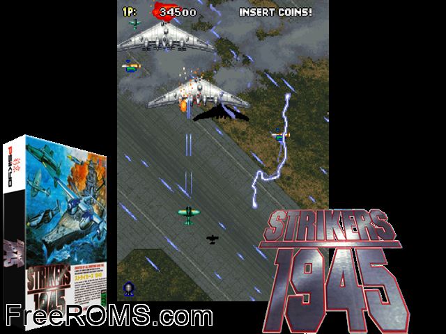 Strikers 1945 MAME game showing 3D box cover and gameplay screenshot