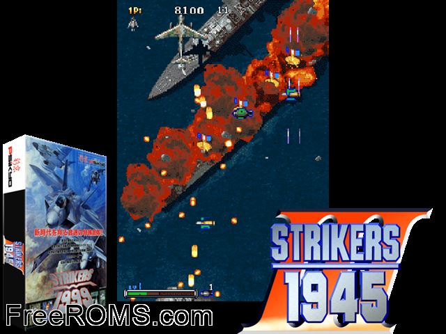 Strikers 1945 III (World) / Strikers 1999 (Japan) MAME game showing 3D box cover and gameplay screenshot