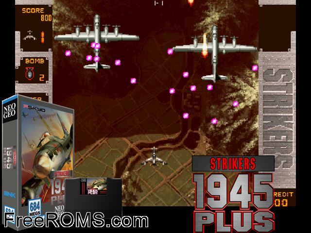 Strikers 1945 Plus MAME game showing 3D box cover and gameplay screenshot