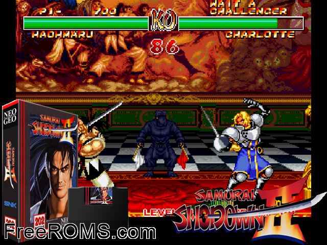 Samurai Shodown II / Shin Samurai Spirits - Haohmaru jigokuhen MAME game showing 3D box cover and gameplay screenshot