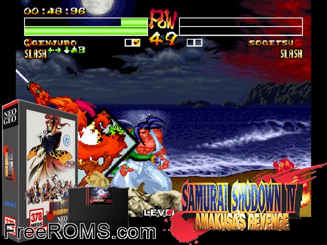 Samurai Shodown IV - Amakusa's Revenge / Samurai Spirits - Amakusa Kourin MAME game showing 3D box cover and gameplay screenshot