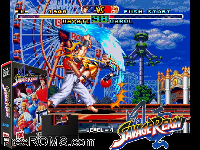 Savage Reign / Fu'un Mokushiroku - kakutou sousei MAME game showing 3D box cover and gameplay screenshot