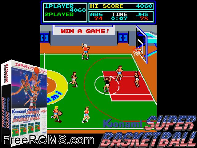 Super Basketball (not encrypted) MAME game showing 3D box cover and gameplay screenshot