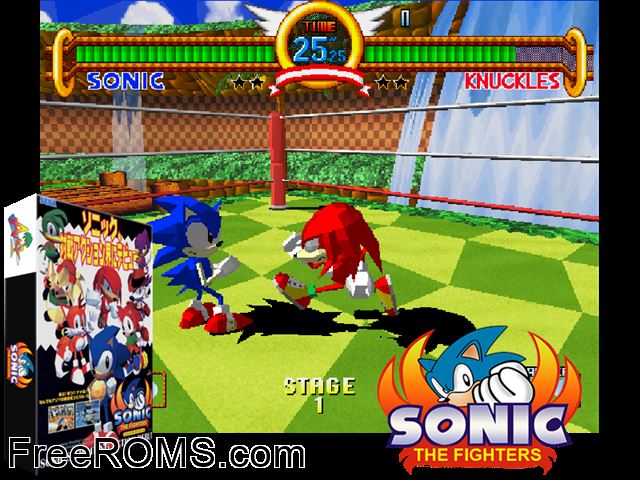 Sonic The Fighters MAME game showing 3D box cover and gameplay screenshot