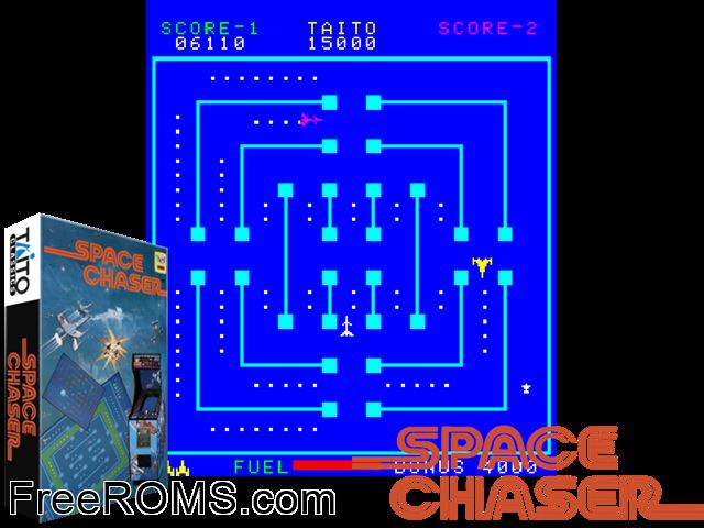 Space Chaser (CV version) MAME game showing 3D box cover and gameplay screenshot