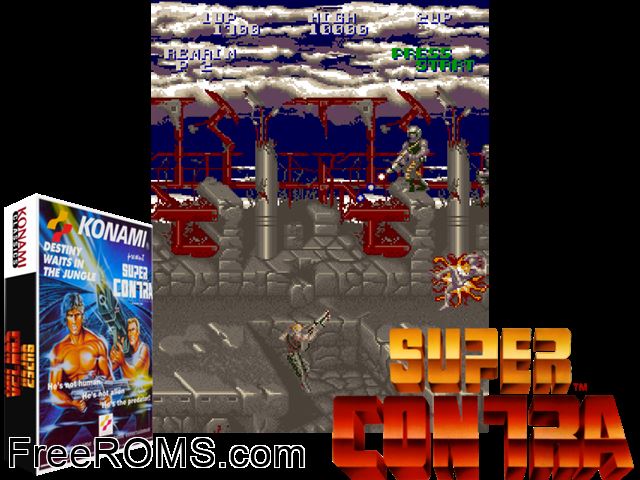 Super Contra MAME game showing 3D box cover and gameplay screenshot