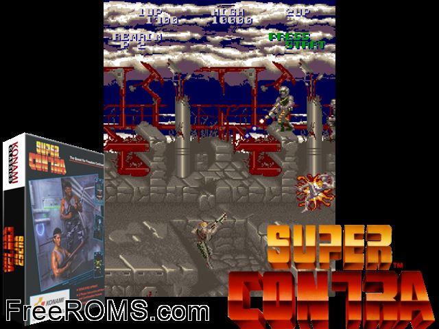 Super Contra (Japan) MAME game showing 3D box cover and gameplay screenshot