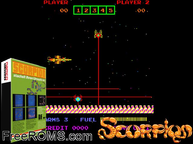 Scorpion (Moon Cresta hardware) MAME game showing 3D box cover and gameplay screenshot