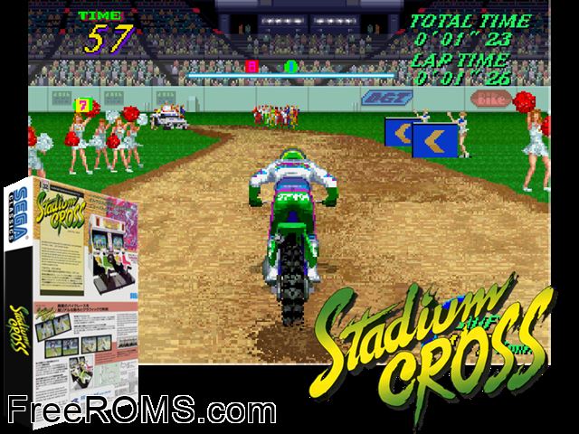 Stadium Cross (World) MAME game showing 3D box cover and gameplay screenshot