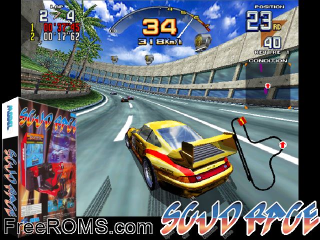 Scud Race (Export) MAME game showing 3D box cover and gameplay screenshot