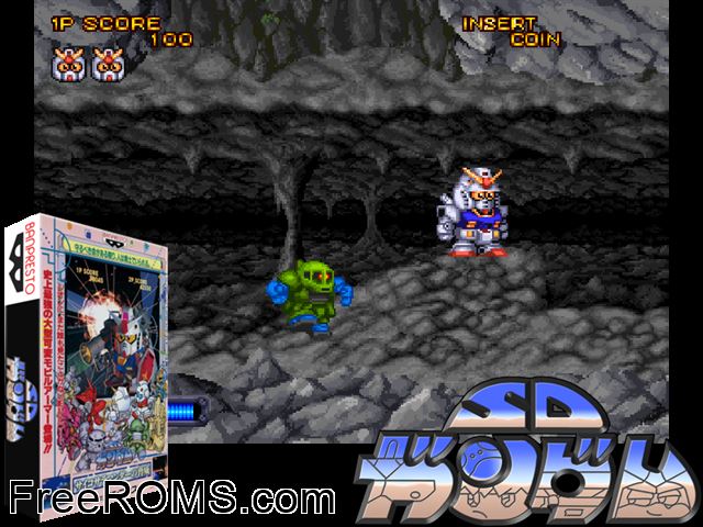 SD Gundam Psycho Salamander no Kyoui MAME game showing 3D box cover and gameplay screenshot