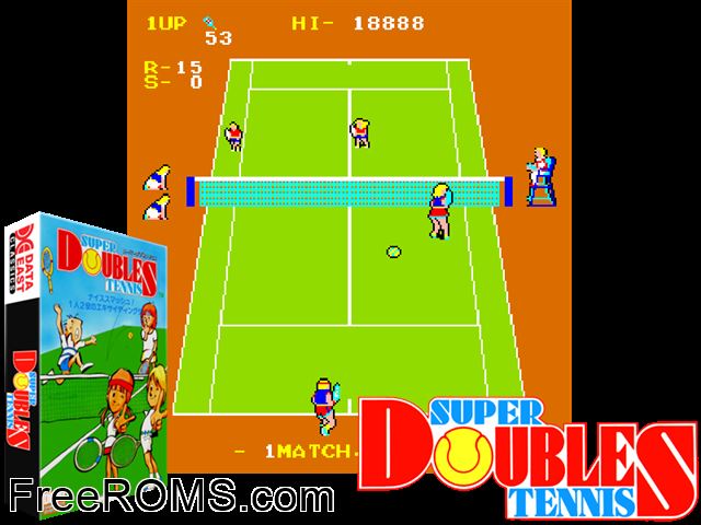 Super Doubles Tennis MAME game showing 3D box cover and gameplay screenshot