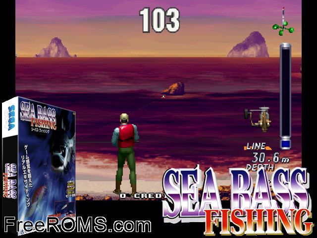Sea Bass Fishing (JUET 971110 V0.001) MAME game showing 3D box cover and gameplay screenshot