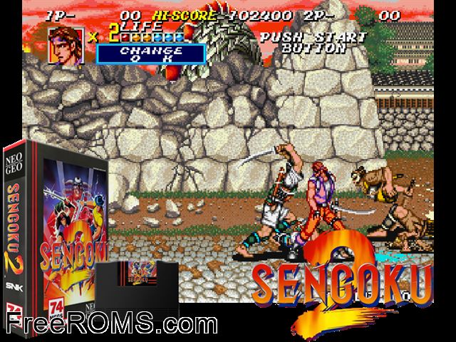 Sengoku 2 / Sengoku Denshou 2 MAME game showing 3D box cover and gameplay screenshot