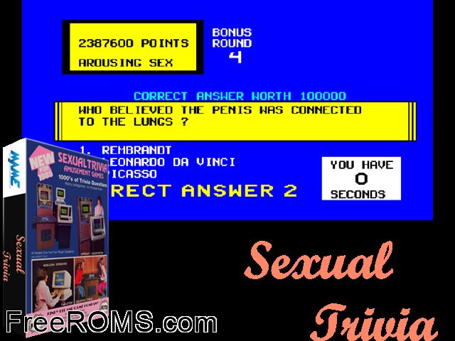 Sexual Trivia (Version 1.02SB set 1) MAME game showing 3D box cover and gameplay screenshot