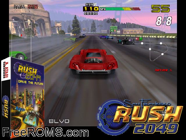San Francisco Rush 2049 MAME game showing 3D box cover and gameplay screenshot