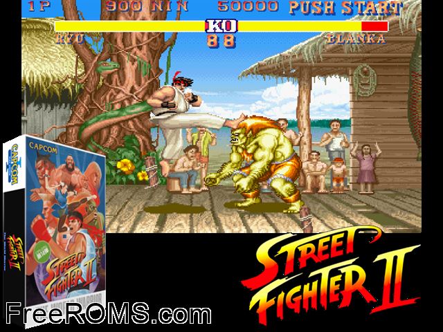 Street Fighter II - The World Warrior (US 910214) MAME game showing 3D box cover and gameplay screenshot