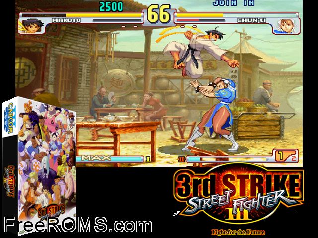 Street Fighter III 3rd Strike: Fight for the Future MAME game showing 3D box cover and gameplay screenshot