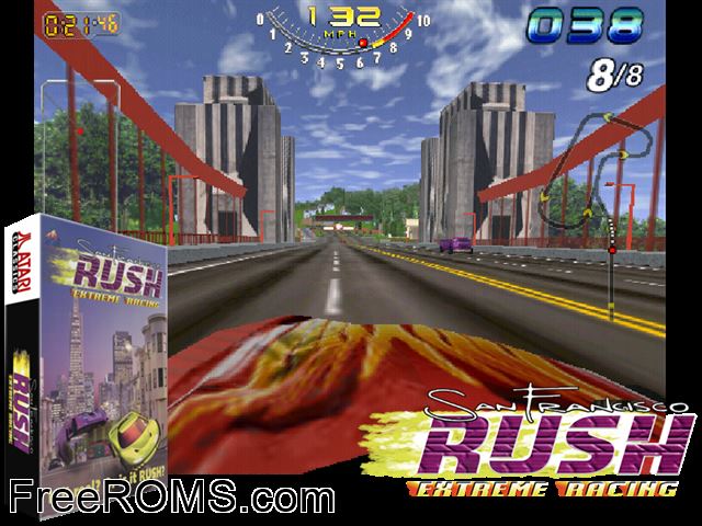 San Francisco Rush MAME game showing 3D box cover and gameplay screenshot