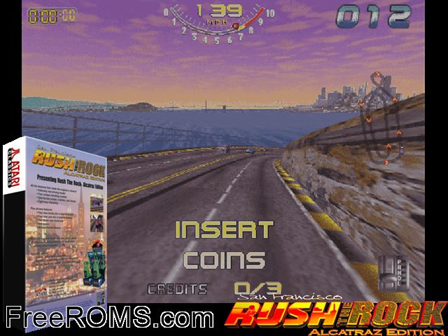 San Francisco Rush: The Rock MAME game showing 3D box cover and gameplay screenshot