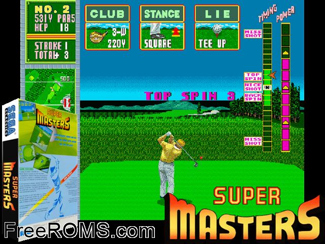 Jumbo Ozaki Super Masters Golf (Japan, FD1094 317-0058-05b) MAME game showing 3D box cover and gameplay screenshot