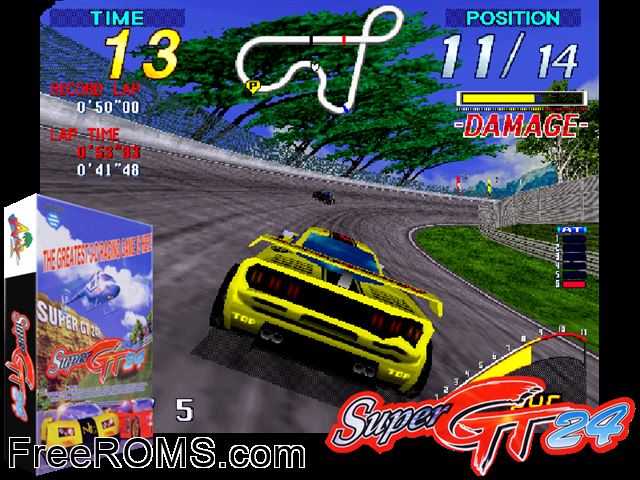Super GT 24h MAME game showing 3D box cover and gameplay screenshot