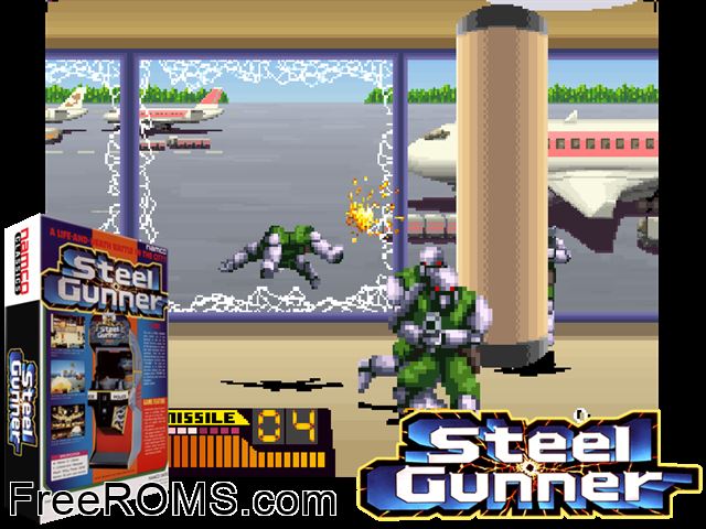 Steel Gunner MAME game showing 3D box cover and gameplay screenshot
