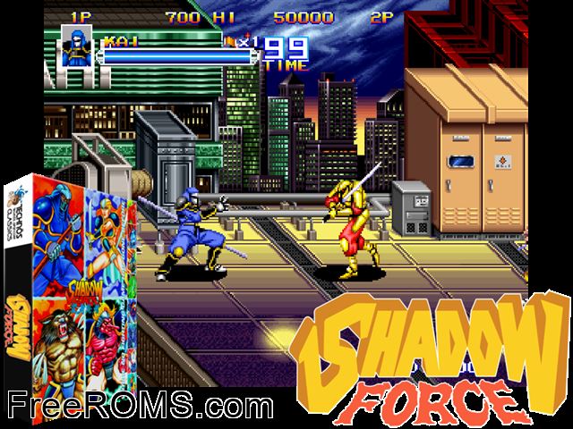 Shadow Force (US Version 2) MAME game showing 3D box cover and gameplay screenshot