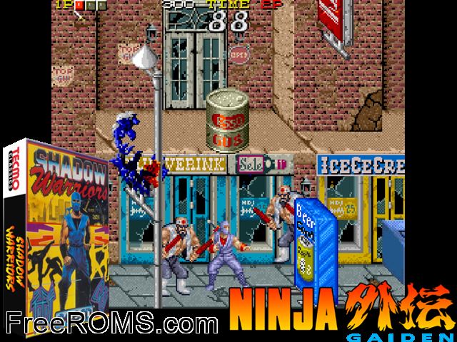 Shadow Warriors (World set 2) MAME game showing 3D box cover and gameplay screenshot