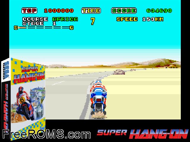 Super Hang-On (set 2, FD1089B 317-0034) MAME game showing 3D box cover and gameplay screenshot
