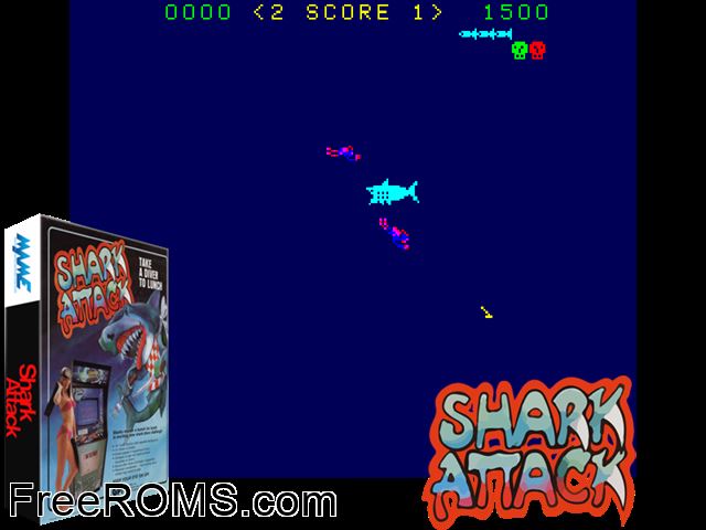 Shark Attack MAME game showing 3D box cover and gameplay screenshot