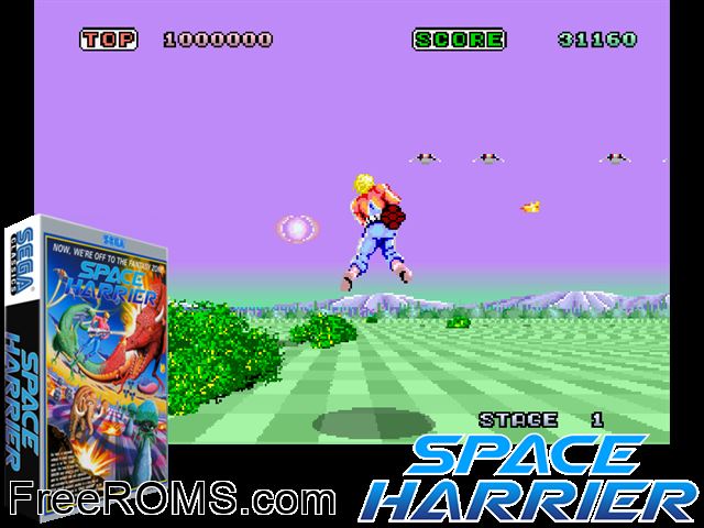 Space Harrier (Rev A, 8751 315-5163A) MAME game showing 3D box cover and gameplay screenshot