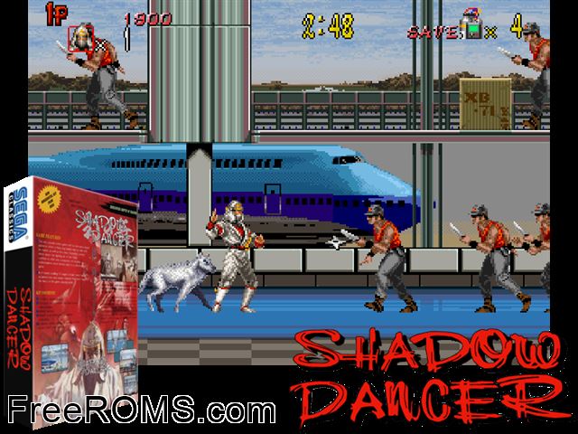Shadow Dancer (bootleg) MAME game showing 3D box cover and gameplay screenshot