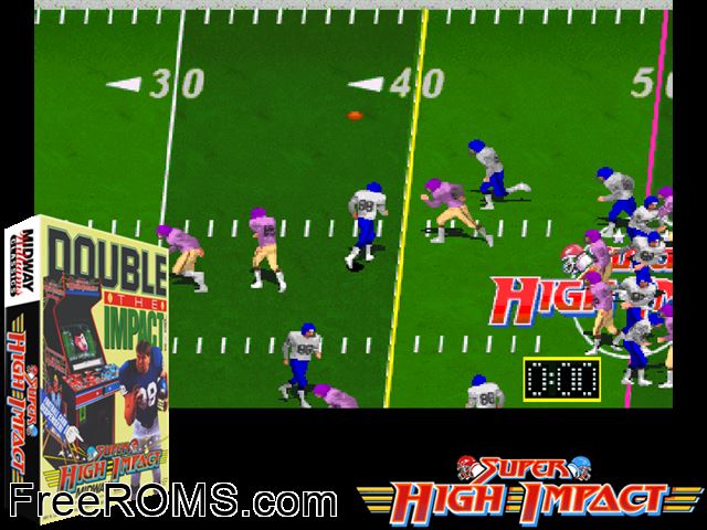 Super High Impact (rev LA1 09/30/91) MAME game showing 3D box cover and gameplay screenshot