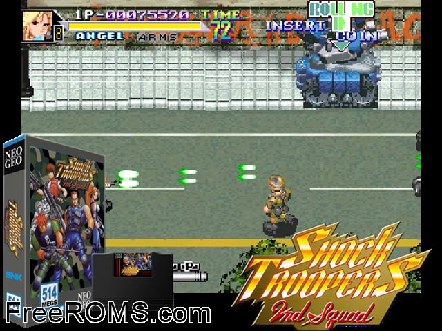 Shock Troopers - 2nd Squad MAME game showing 3D box cover and gameplay screenshot