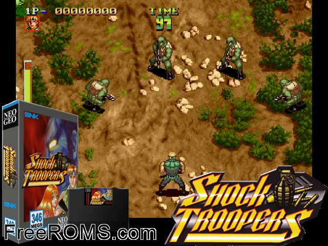 Shock Troopers (set 1) MAME game showing 3D box cover and gameplay screenshot