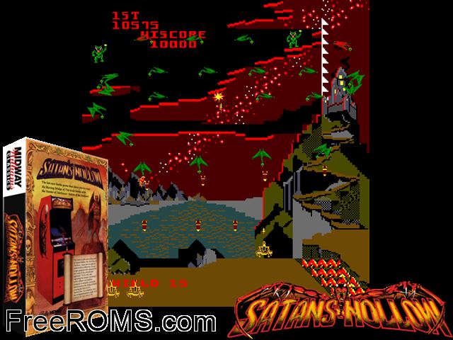 Satan's Hollow (set 1) MAME game showing 3D box cover and gameplay screenshot