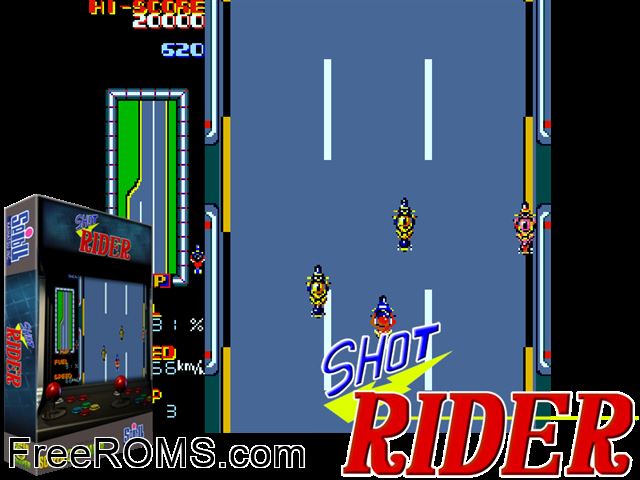 Shot Rider MAME game showing 3D box cover and gameplay screenshot