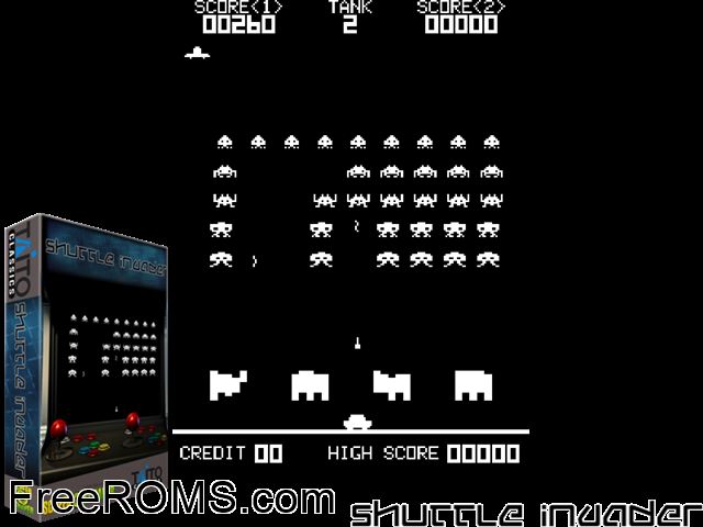 Shuttle Invader MAME game showing 3D box cover and gameplay screenshot