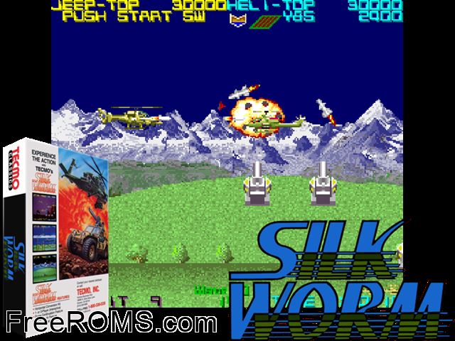 Silk Worm (set 1) MAME game showing 3D box cover and gameplay screenshot