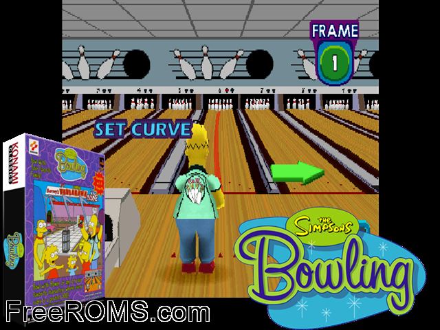 Simpsons Bowling (GQ829 UAA) MAME game showing 3D box cover and gameplay screenshot
