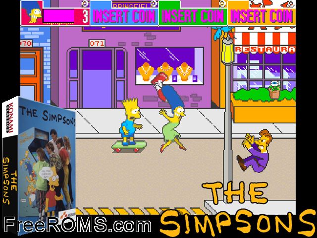The Simpsons (2 Players) MAME game showing 3D box cover and gameplay screenshot
