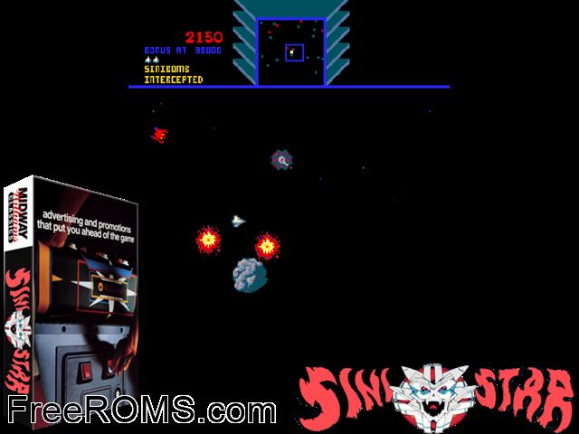 Sinistar (prototype version) MAME game showing 3D box cover and gameplay screenshot
